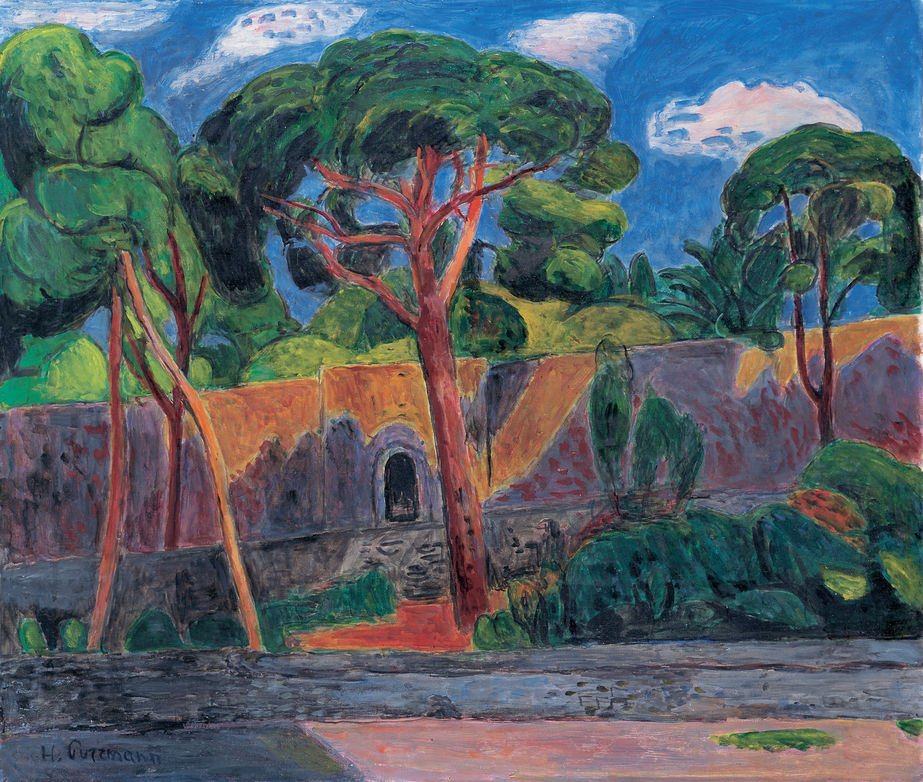 Hans Purrmann: Pinien vor einer Mauer auf Ischia, 1958 (1958/17).